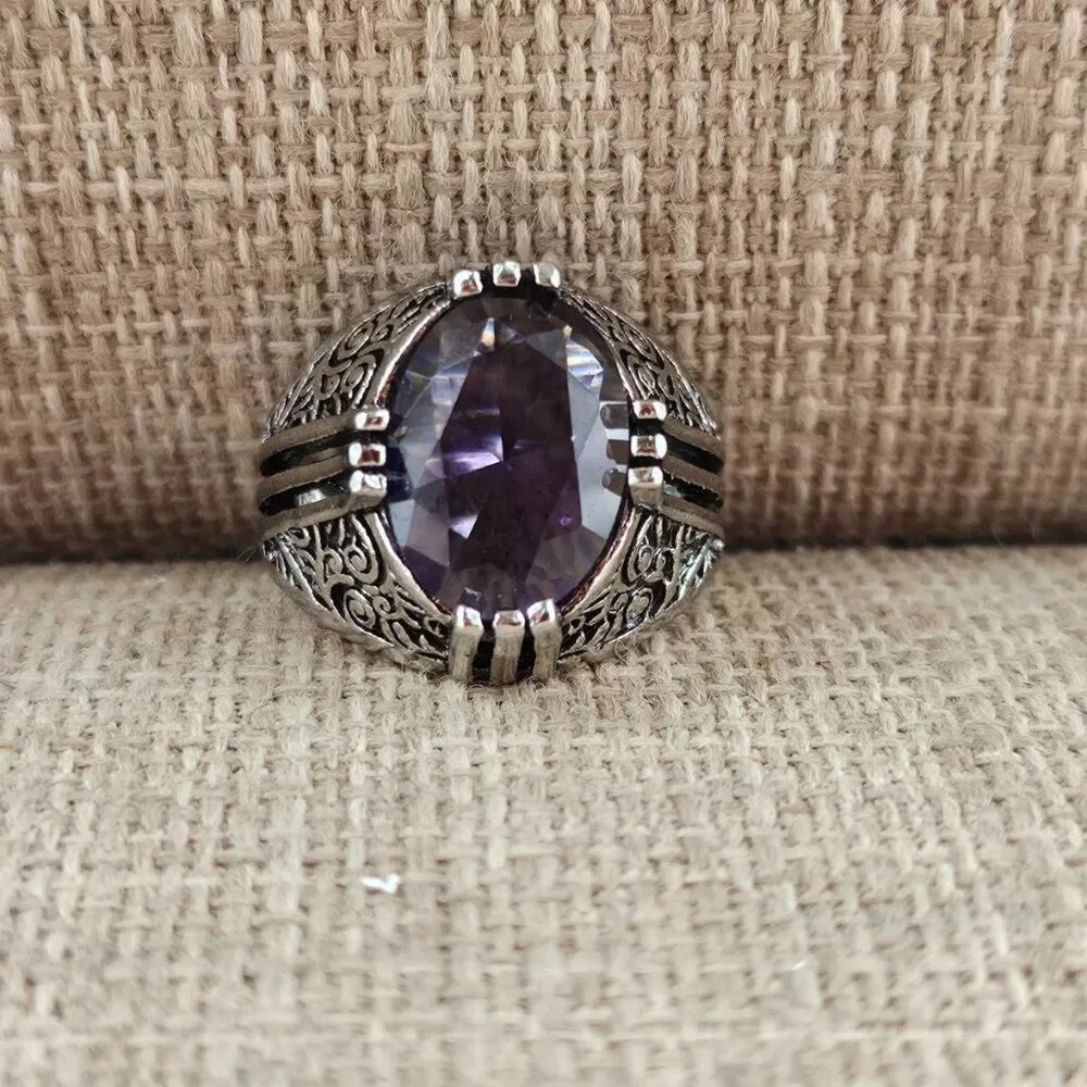 Turkish style Rings Fashion Jewelry Silver Tone W/ Faux Purple Crystal Size 7